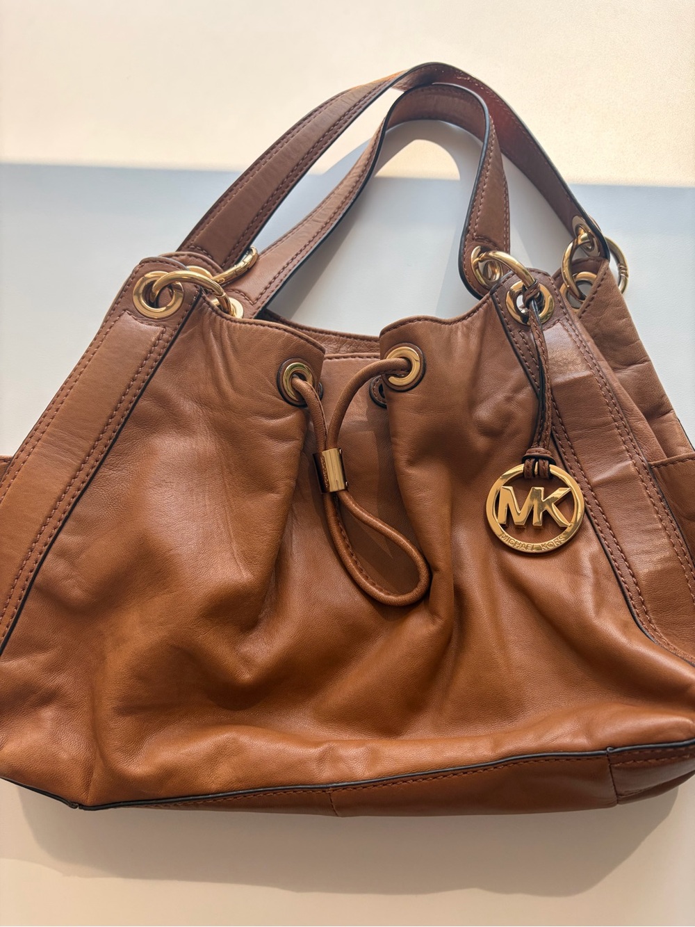 Michael Kors Brown Leather Shoulder Bag with Gold MK Charm